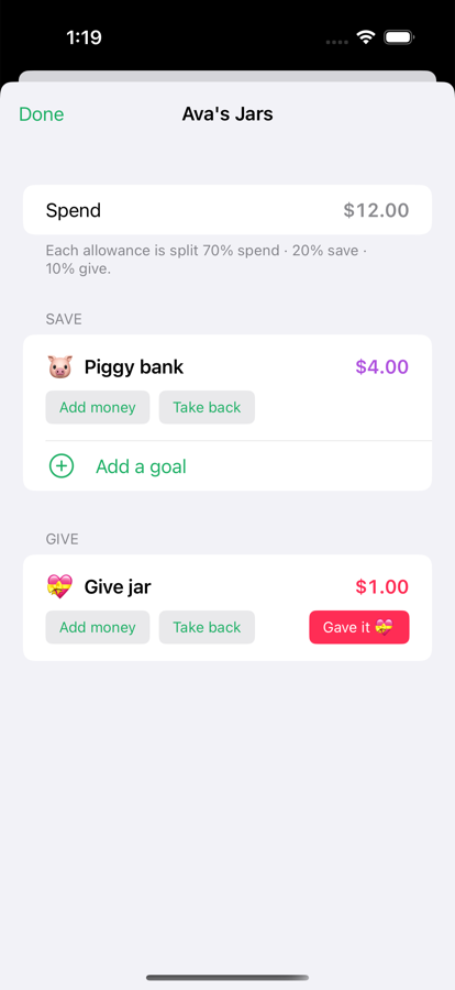 The Jars screen with a piggy bank, a goal with a progress bar, and the give jar